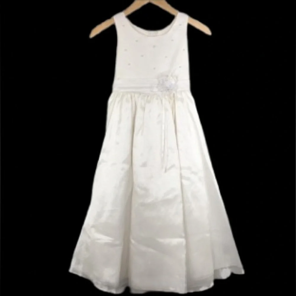 First Communion Dress White Sheer Satin Overlay Tank Pearl Flower Appliqué Sz 10